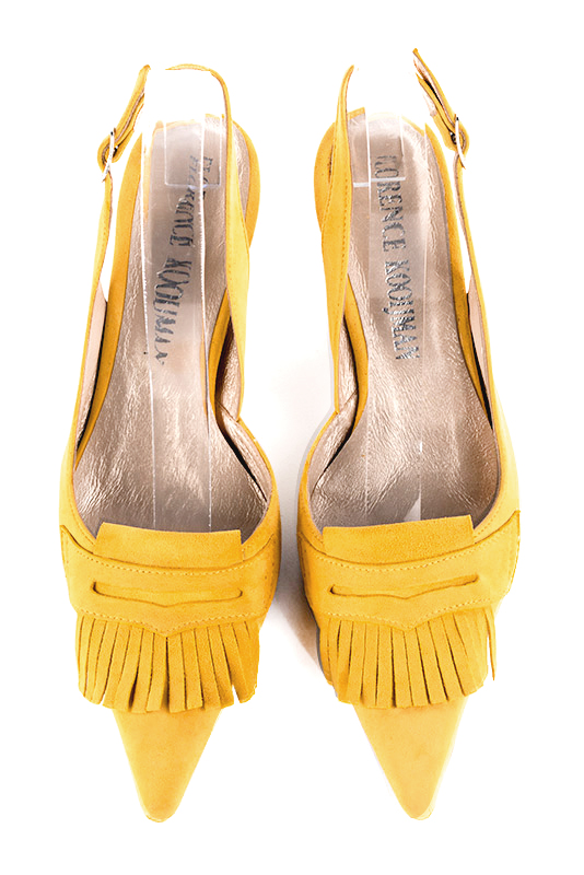 Yellow women's slingback shoes. Pointed toe. Medium spool heels. Top view - Florence KOOIJMAN